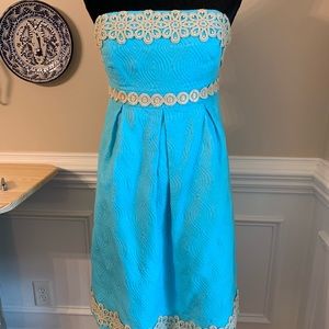 Lilly Pulitzer size 2 dress.  beautiful aqua strapless dress with gold lace.